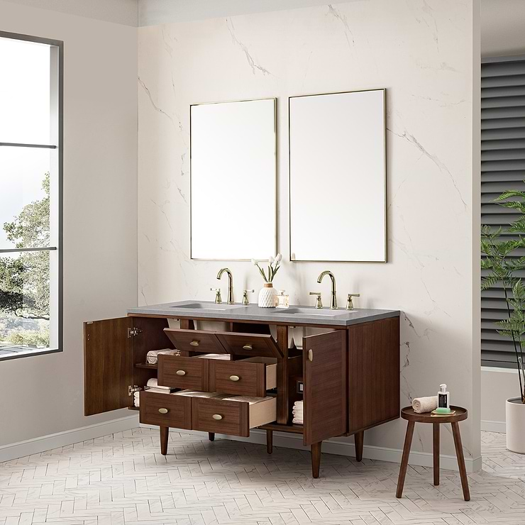 James Martin Vanities Amberly Mid-Century Walnut 60" Double Vanity with Eternal Serena Quartz Top