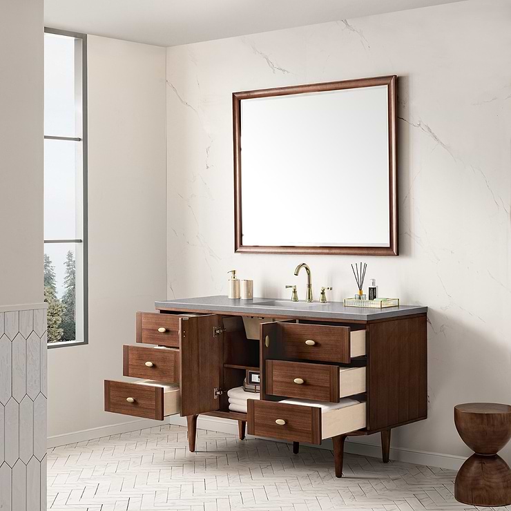 James Martin Vanities Amberly Mid-Century Walnut 60" Single Vanity with Eternal Serena Quartz Top