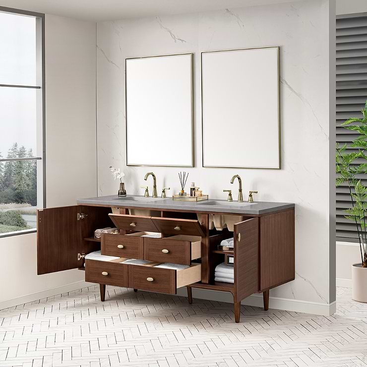James Martin Vanities Amberly Mid-Century Walnut 72" Double Vanity with Eternal Serena Quartz Top