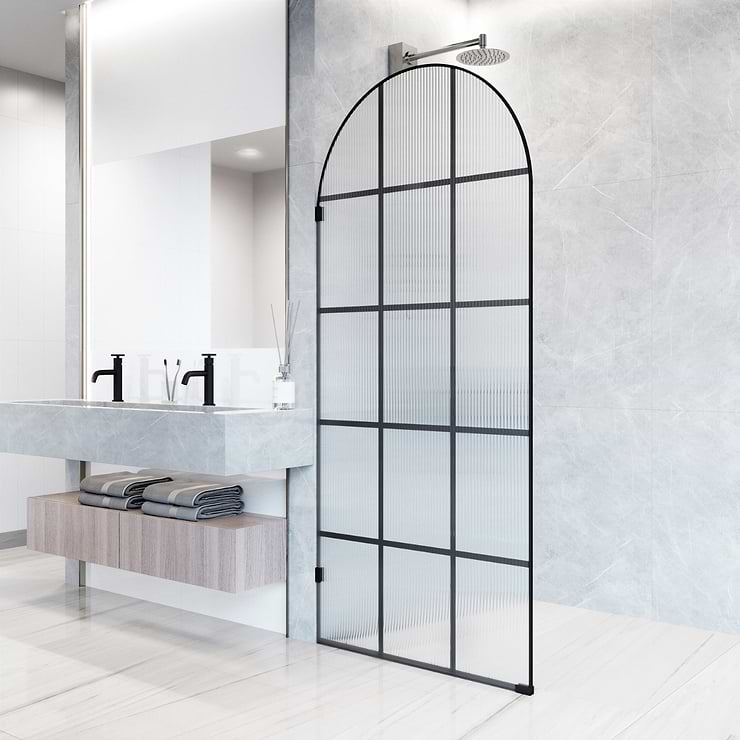 Burke 34x78" Reversible Semi-Frameless Shower Screen with Fluted Grid Glass in Matte Black