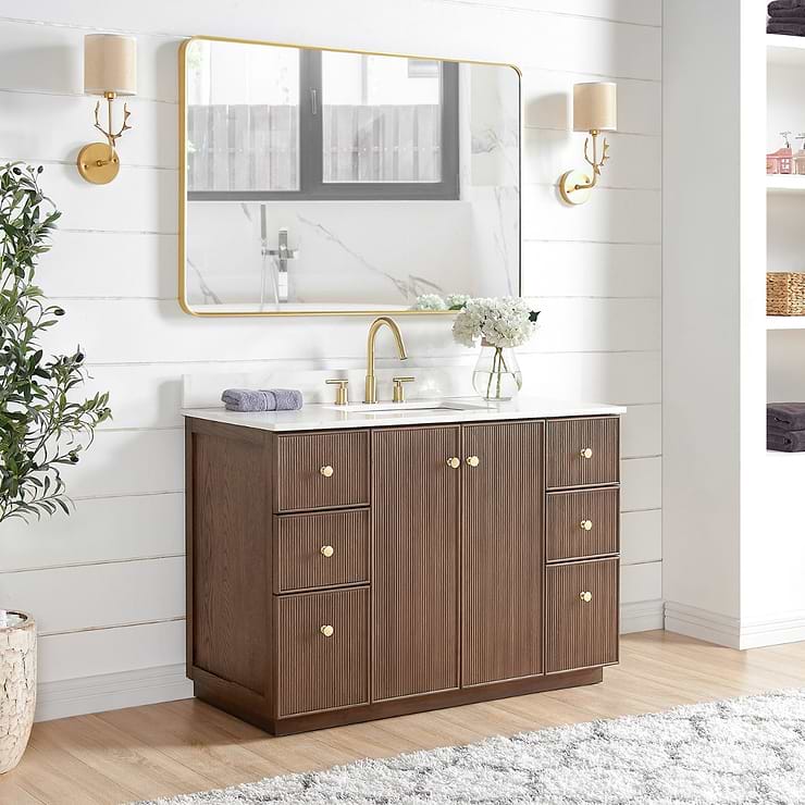 Florencia Brown Oak 48" Single Vanity with Pacific White Quartz Top