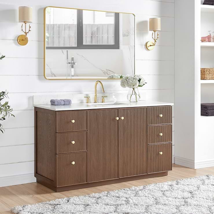Florencia Brown Oak 60" Single Vanity with Pacific White Quartz Top