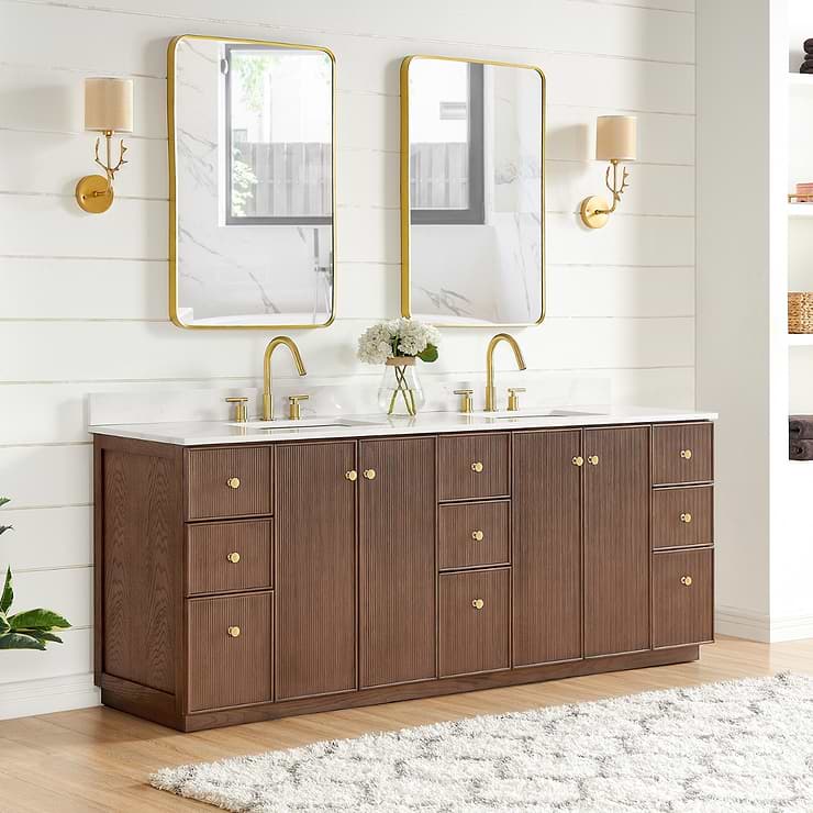 Florencia Brown Oak 84" Double Vanity with Pacific White Quartz Top