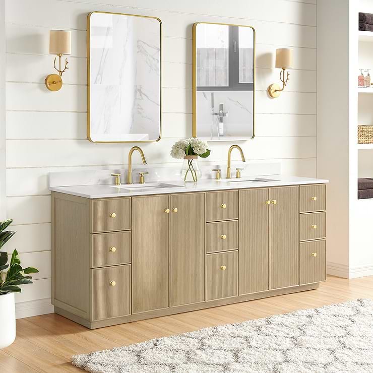 Florencia Blonde Oak 84" Double Vanity with Pacific White Quartz Top