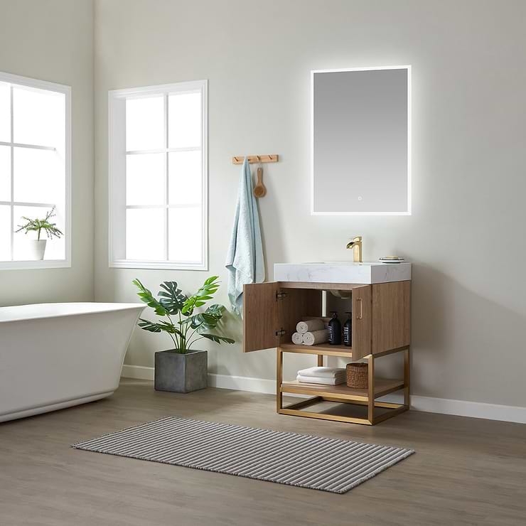 Ithica White Oak 24" Single Vanity and Gold Hardware with Atlantic Stone Top