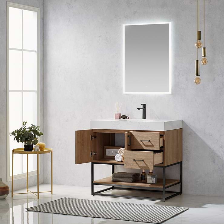 Ithica White Oak 36" Single Vanity and Black Hardware with Atlantic Stone Top