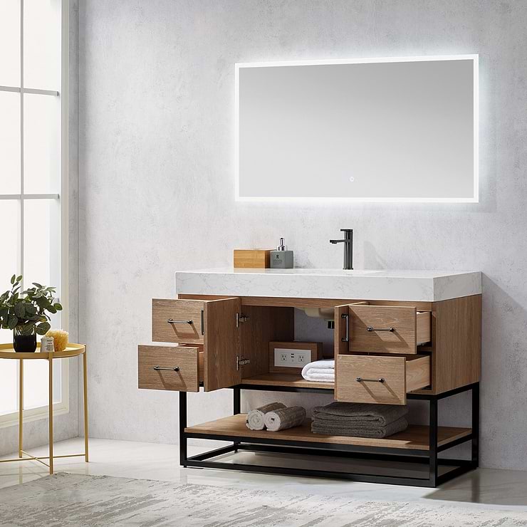 Ithica White Oak 48" Single Vanity and Black Hardware with Atlantic Stone Top
