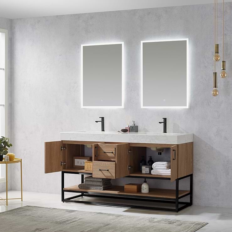 Ithica White Oak 60" Double Vanity and Black Hardware with Atlantic Stone Top