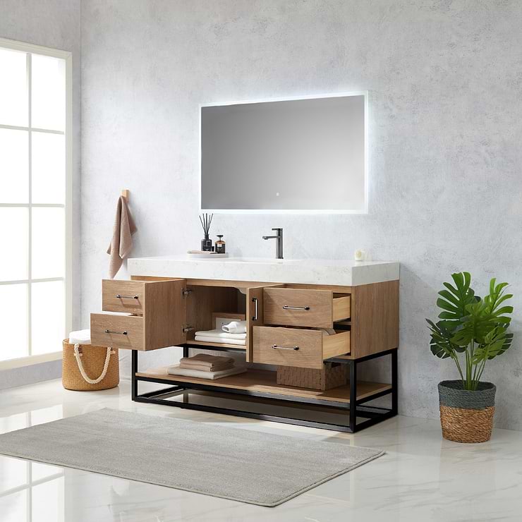 Ithica White Oak 60" Single Vanity and Black Hardware with Atlantic Stone Top