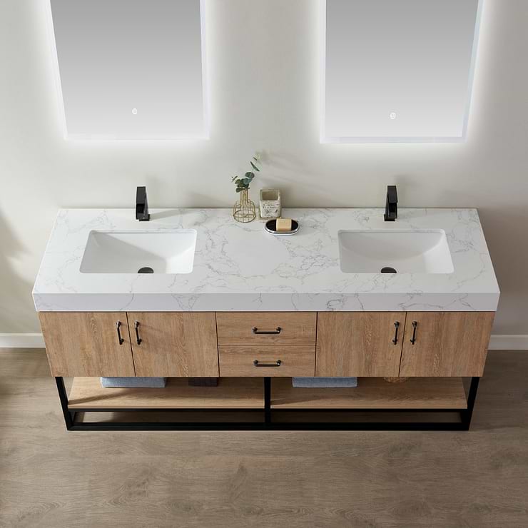 Ithica White Oak 72" Double Vanity and Black Hardware with Atlantic Stone Top
