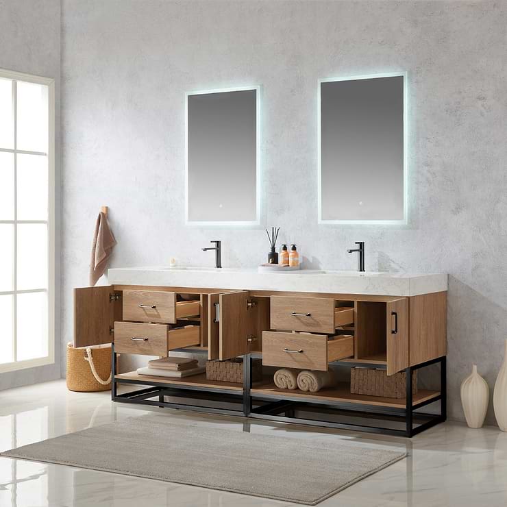Ithica White Oak 84" Double Vanity and Black Hardware with Atlantic Stone Top