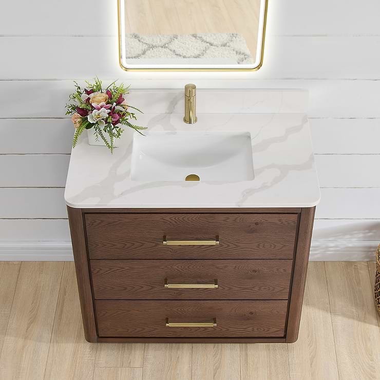 Genora Brown Oak 36" Single Vanity with Pacific White Quartz Top
