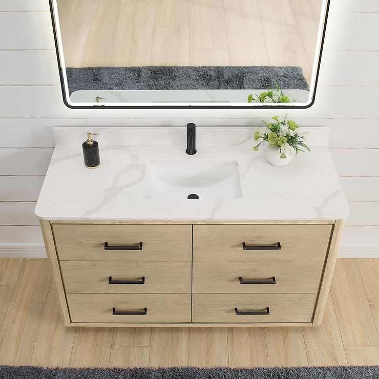 Genora Blonde Oak 55" Single Vanity with Pacific White Quartz Top