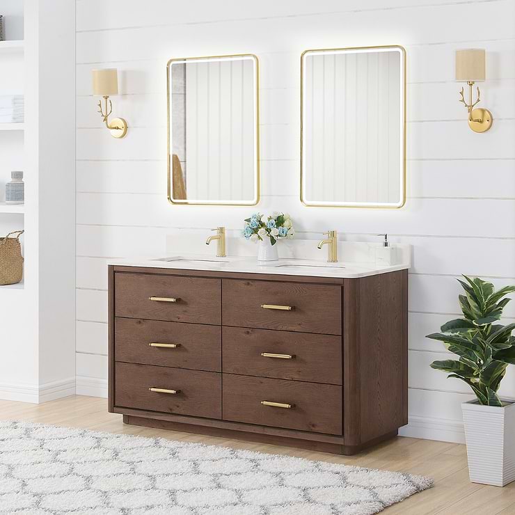 Genora Brown Oak 60" Double Vanity with Pacific White Quartz Top