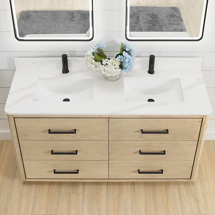 Genora Blonde Oak 60" Double Vanity with Pacific White Quartz Top