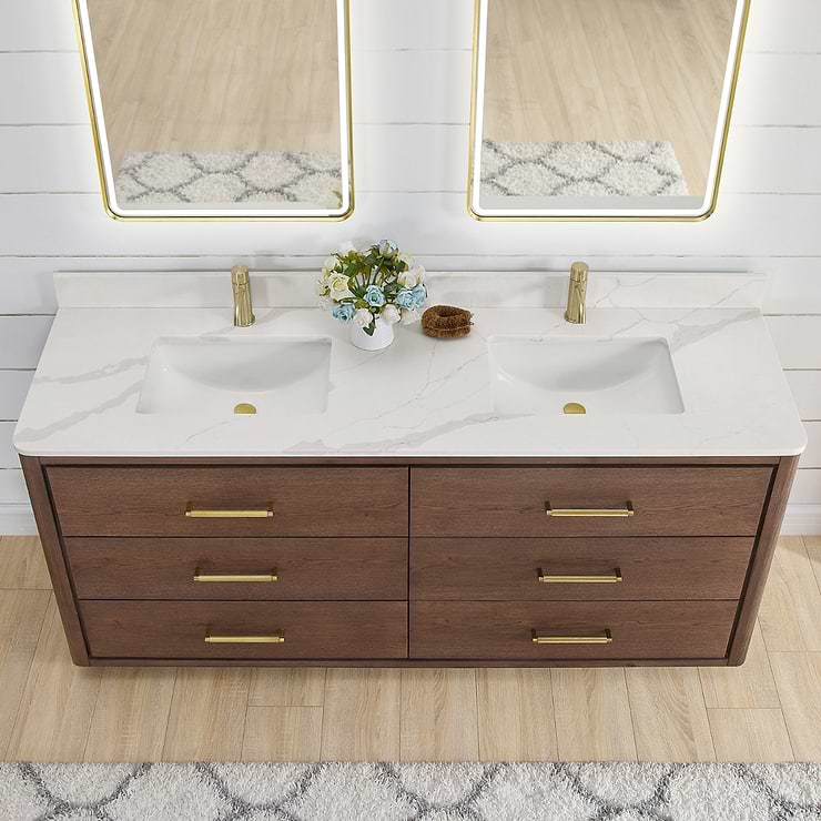 Genora Brown Oak 72" Double Vanity with Pacific White Quartz Top