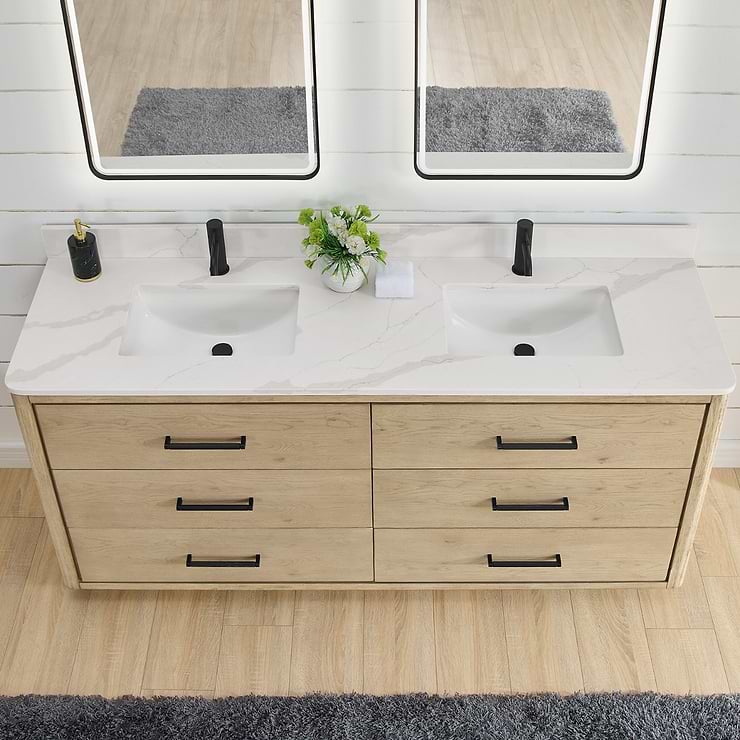 Genora Blonde Oak 72" Double Vanity with Pacific White Quartz Top