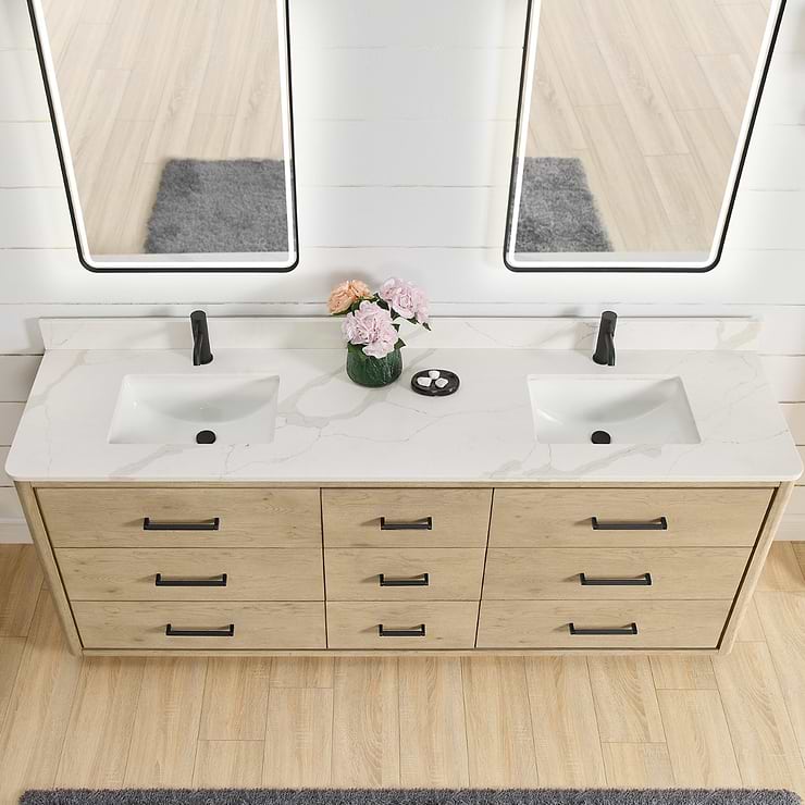 Genora Blonde Oak 84" Double Vanity with Pacific White Quartz Top
