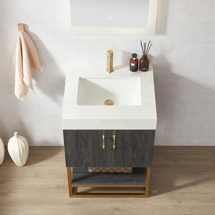 Ithica Black Oak 24" Single Vanity and Gold Hardware with Atlantic Stone Top