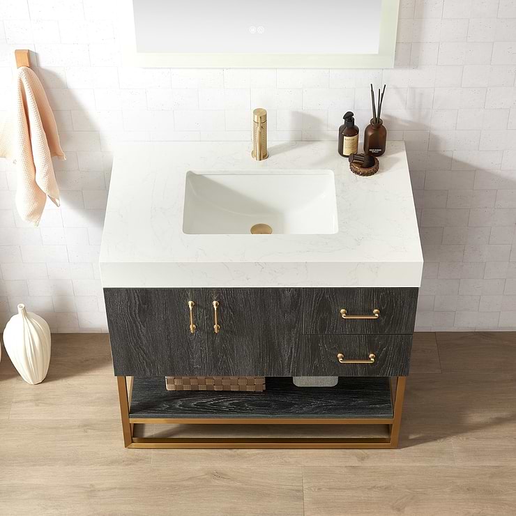 Ithica Black Oak 36" Single Vanity and Gold Hardware with Atlantic Stone Top