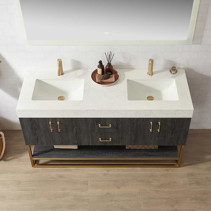 Ithica Black Oak 60" Double Vanity and Gold Hardware with Atlantic Stone Top