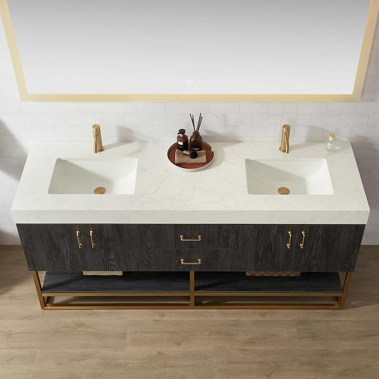 Ithica Black Oak 72" Double Vanity and Gold Hardware with Atlantic Stone Top