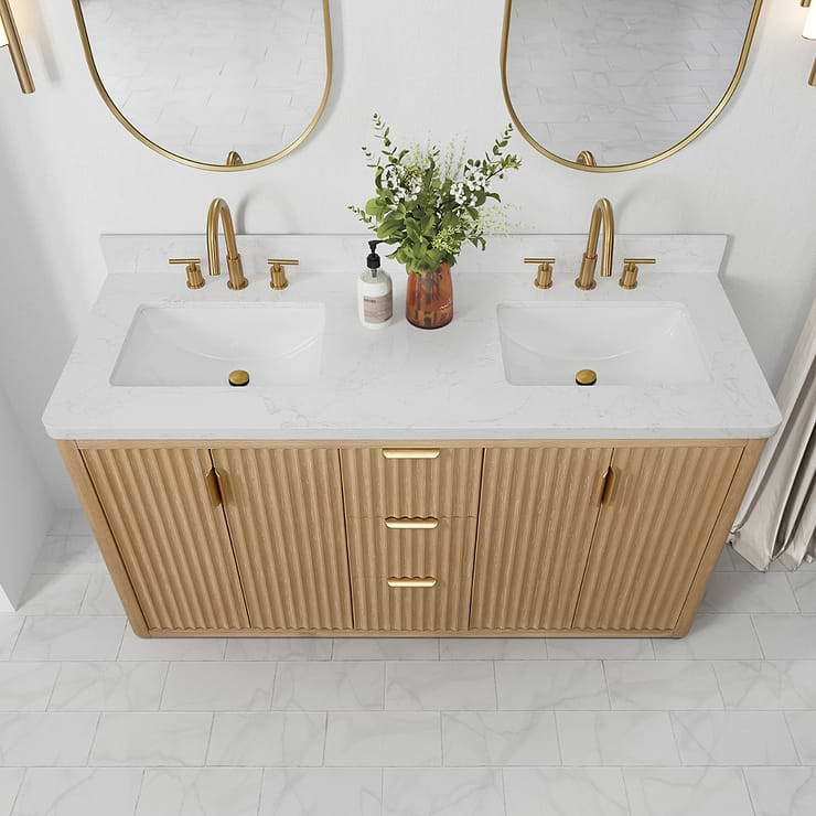 Solara Blonde Oak 60" Double Vanity with Bianco White Stone Top