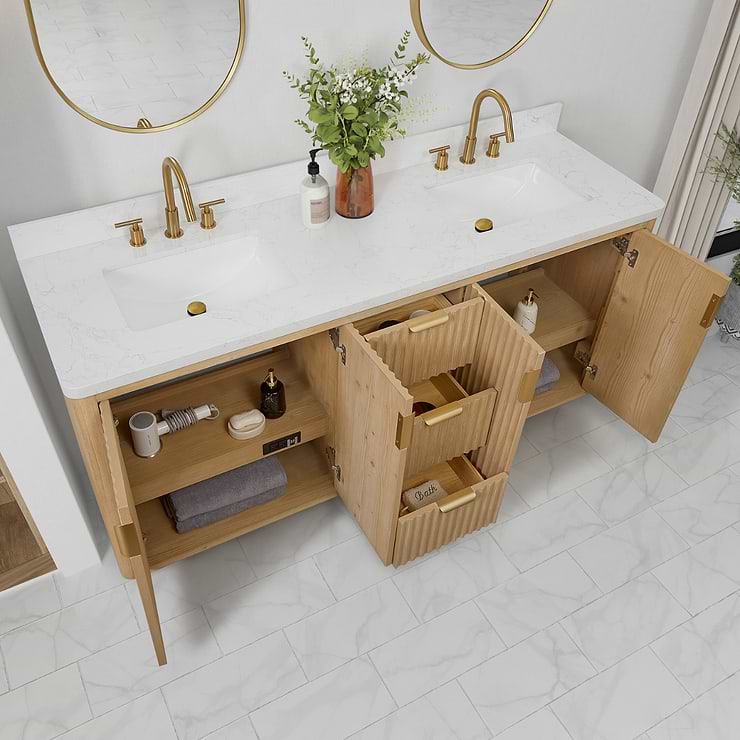 Solara Blonde Oak 72" Double Vanity with Bianco White Stone Top