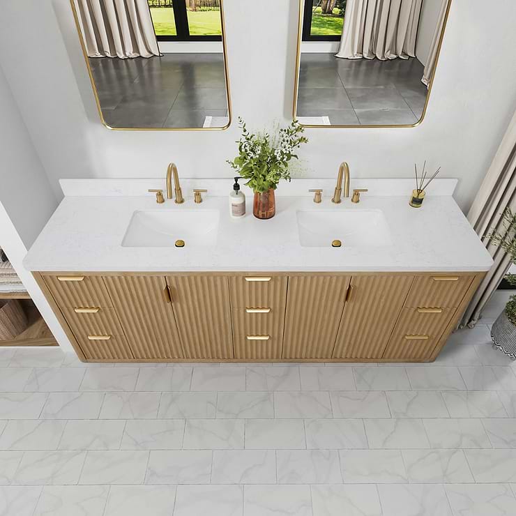 Solara Blonde Oak 84" Double Vanity with Bianco White Stone Top