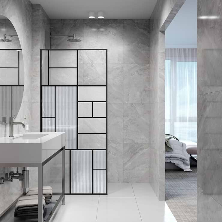 Finestra 34x74" Reversible Fixed Shower Door with Mondrian Grid Fluted Glass in Matte Black