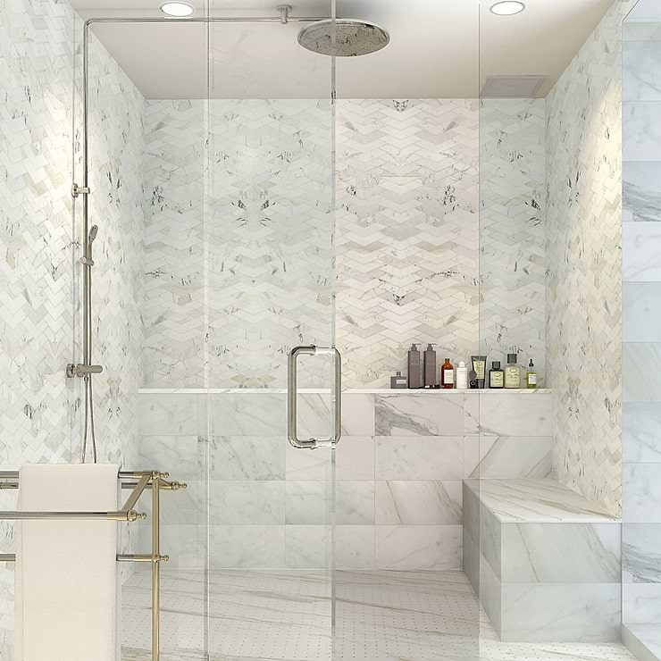 New Palm Beach by Krista Watterworth Floral White Chevron Polished Marble Mosaic