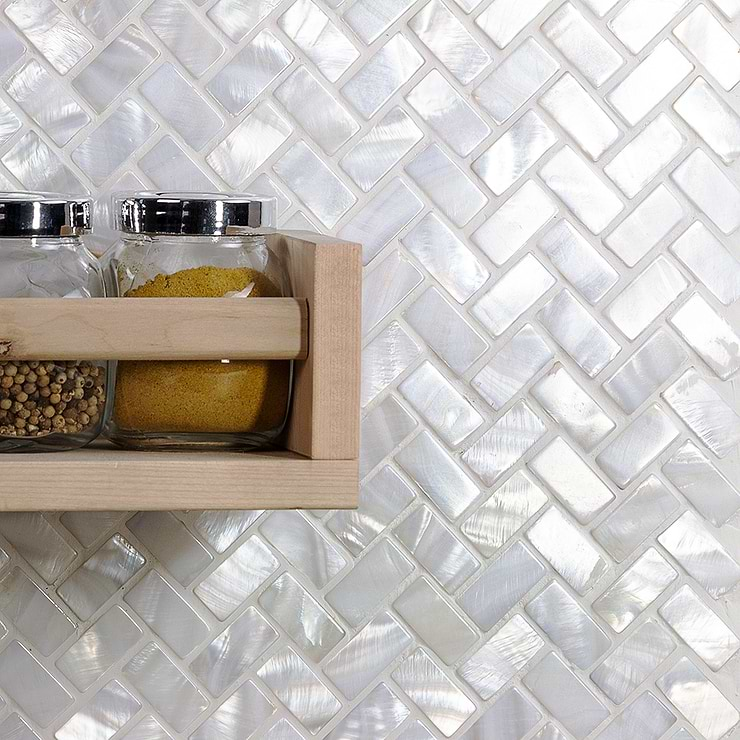 Oyster White Pearl Herringbone Tile