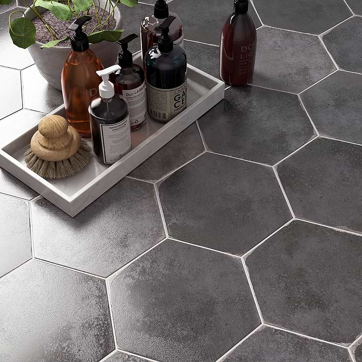 Kalay Antracite Gray 9" Hexagon Polished Porcelain Tile