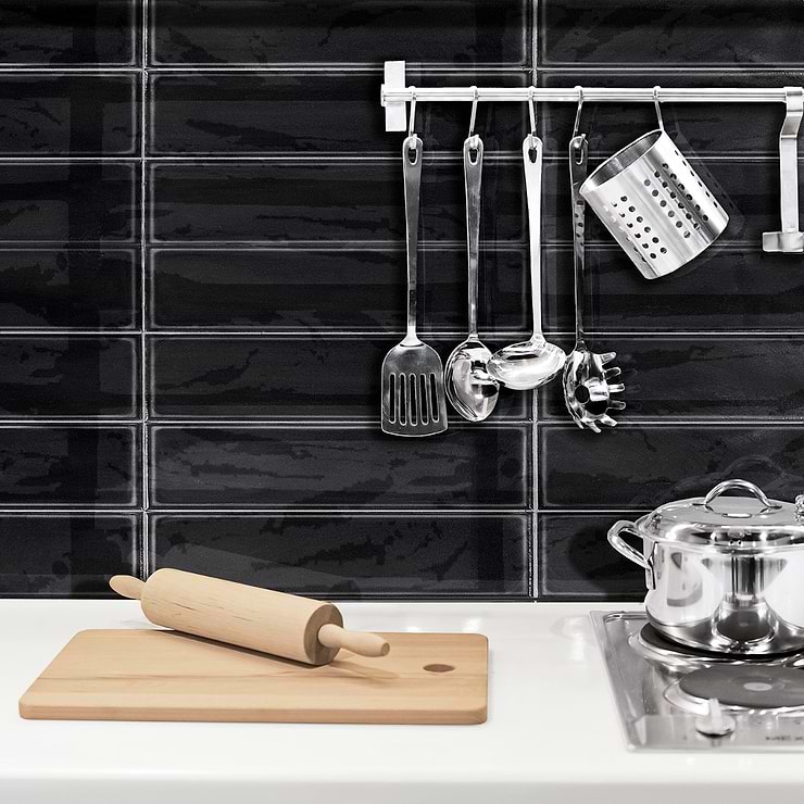 Stacy Garcia ArtBlock Nero Black 4x16 Glossy Porcelain Tile