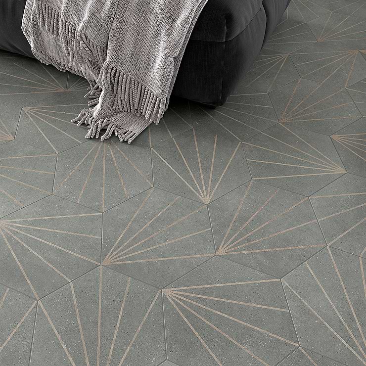 Pergola Beams Graphite 12.5" Hexagon Gray Matte Porcelain Tile