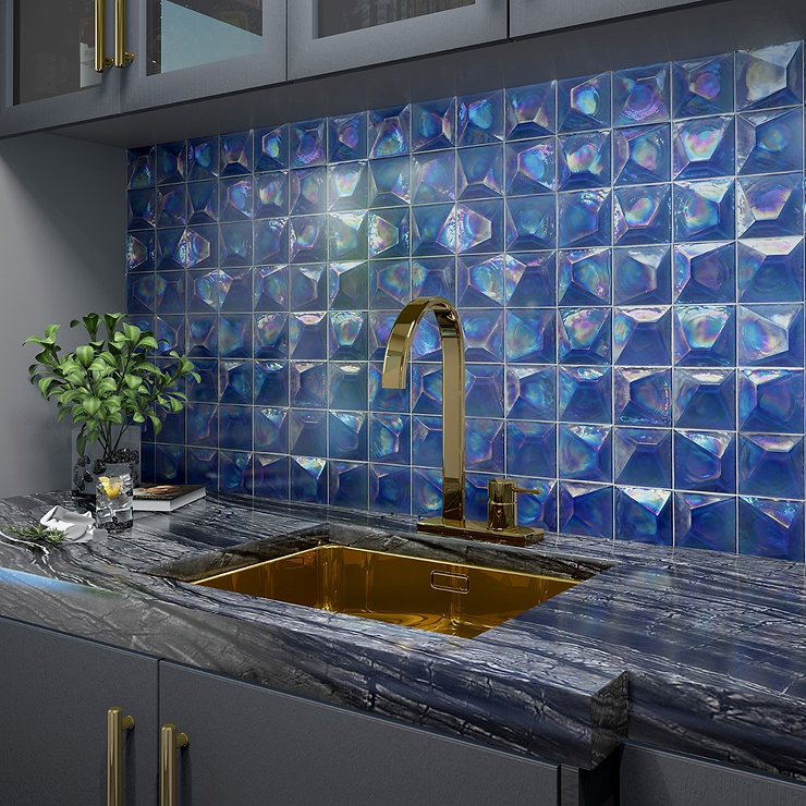 Opaline Blue Iridescent 6x6 3D Glossy Glass Tile