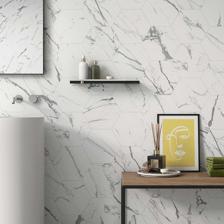 Calacatta Gray 10" Hexagon Matte Porcelain Tile