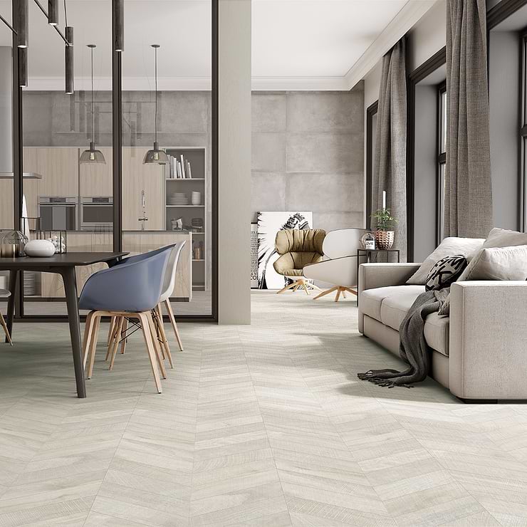 Kenridge Chevron White 24x48 Wood Look Matte Porcelain Tile