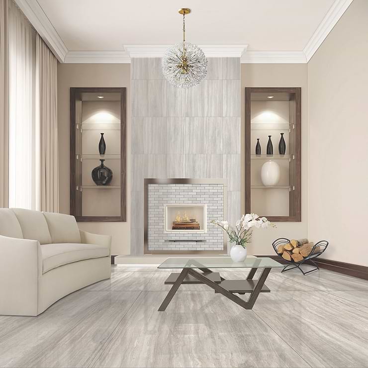 Nashville White 24x48 Travertine Look Polished Porcelain Tile