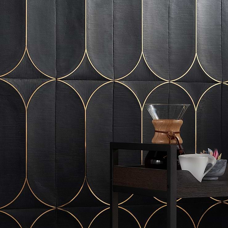 Calypso 3D Carved Nero Black Brass Inlay 8x16 Textured Honed Marble Limestone Tile