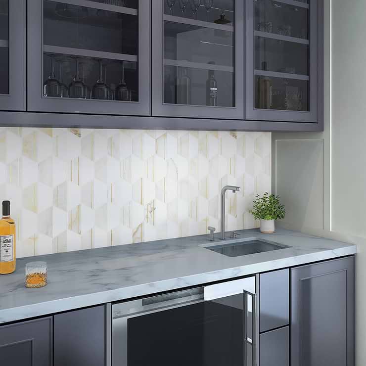 Fuse Bianco 6" Polished Marble and Brass Inlay Mosaic