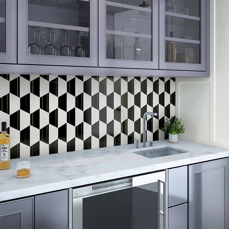 Fuse Nero 6" Polished Marble and Brass Inlay Mosaic