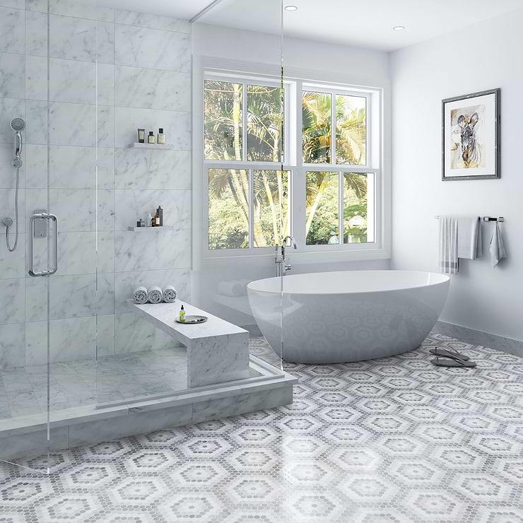 Juno Honeycomb Gray and White 1" Hexagon Polished Marble Mosaic Tile
