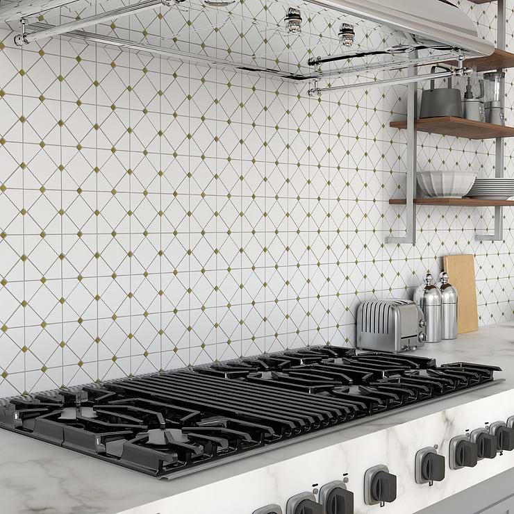 Euphoria Glass Limelight Gold Diamond Honed Thassos Marble Mosaic Tile