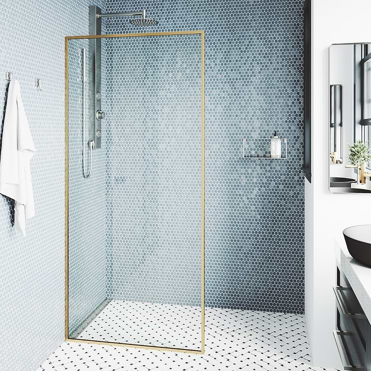 Finestra 34x74" Reversible Fixed Shower Door with Clear Glass in Brushed Gold