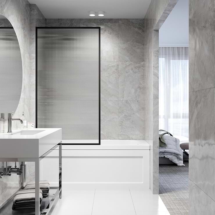Finestra 34x62" Reversible Fixed Bathtub Door with Fluted Glass in Matte Black