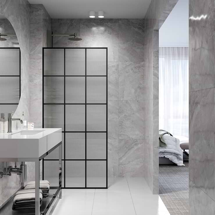Finestra 34x74" Reversible Fixed Shower Door with Grid Fluted Glass in Matte Black