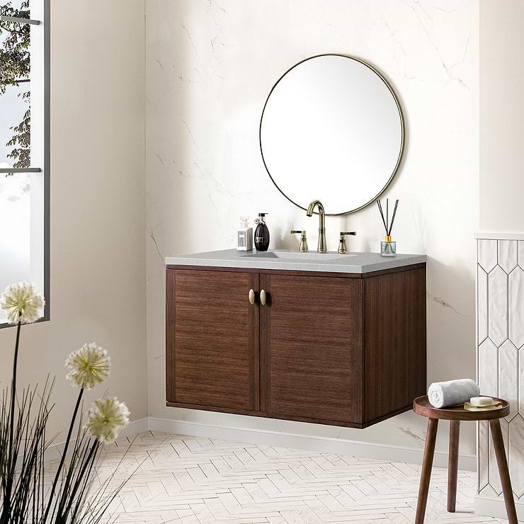 James Martin Vanities Amberly Mid-Century Walnut 36" Single Vanity with Eternal Serena Quartz Top