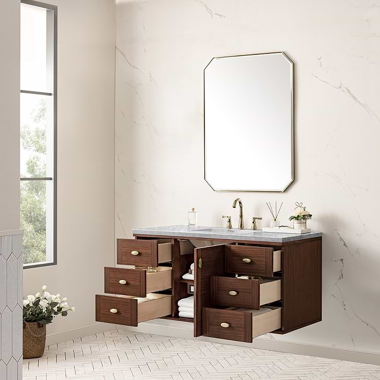 James Martin Vanities Amberly Mid-Century Walnut 48" Single Vanity with Carrara Marble Top
