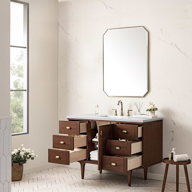 James Martin Vanities Amberly Mid-Century Walnut 48" Single Vanity with White Zeus Quartz Top